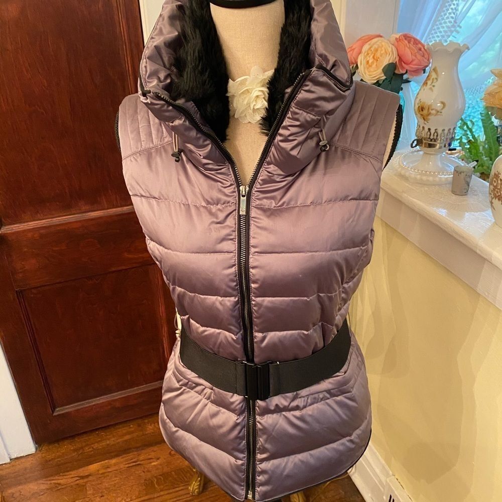 *ZARA* Sz S Belted Metallic Nylon/Satin-Feel Down Puffer Vest Faux Fur